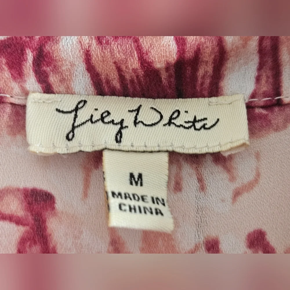 Lily White Women's Blouse Floral Burgundy Pink Long Sleeves Lightweight Size M - Picture 5 of 9